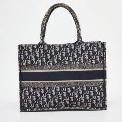 Pre Owned Dior Navy Blue Oblique Embroidered Canvas Medium Book Tote