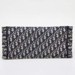 Pre Owned Dior Navy Blue Oblique Embroidered Canvas Medium Book Tote