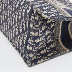 Pre Owned Dior Navy Blue Oblique Embroidered Canvas Medium Book Tote