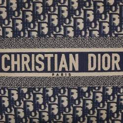 Pre Owned Dior Navy Blue Oblique Embroidered Canvas Medium Book Tote