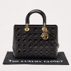 Pre Owned Dior Black Cannage Patent Leather Large Lady Dior Tote