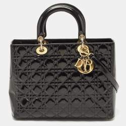 Pre Owned Dior Black Cannage Patent Leather Large Lady Dior Tote