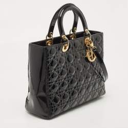 Pre Owned Dior Black Cannage Patent Leather Large Lady Dior Tote