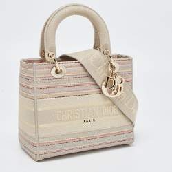Pre Owned Dior Multicolor Stripe Embroidered Canvas Medium Lady D-Lite Tote