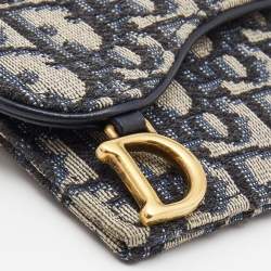 Pre Owned Dior Blue Oblique Jacquard Saddle 5 Gusset Card Holder