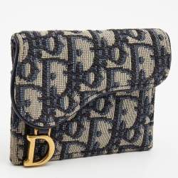 Pre Owned Dior Blue Oblique Jacquard Saddle 5 Gusset Card Holder