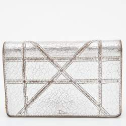 Pre Owned Dior Silver Crinkled Leather Diorama Wallet on Chain