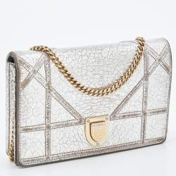 Pre Owned Dior Silver Crinkled Leather Diorama Wallet on Chain