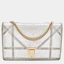 Pre Owned Dior Silver Crinkled Leather Diorama Wallet on Chain
