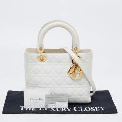 Pre Owned Dior White Lambskin Leather Medium Lady Dior Tote Bag