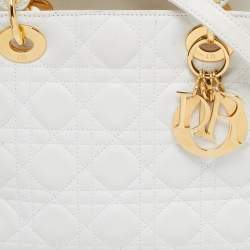 Pre Owned Dior White Lambskin Leather Medium Lady Dior Tote Bag