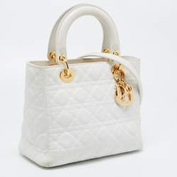 Pre Owned Dior White Lambskin Leather Medium Lady Dior Tote Bag