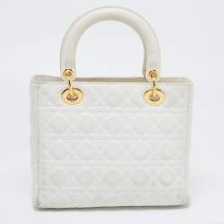 Pre Owned Dior White Lambskin Leather Medium Lady Dior Tote Bag
