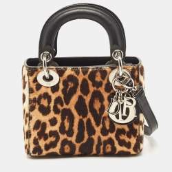 Pre Owned Dior Black/Brown Leopard Print Calf Hair and Leather Mini Lady Dior Tote