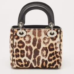 Pre Owned Dior Black/Brown Leopard Print Calf Hair and Leather Mini Lady Dior Tote