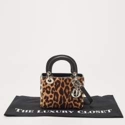 Pre Owned Dior Black/Brown Leopard Print Calf Hair and Leather Mini Lady Dior Tote