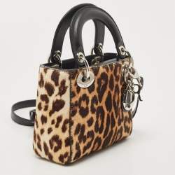 Pre Owned Dior Black/Brown Leopard Print Calf Hair and Leather Mini Lady Dior Tote