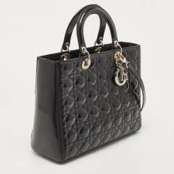 Pre Owned Dior Black Cannage Patent Leather Large Lady Dior Tote