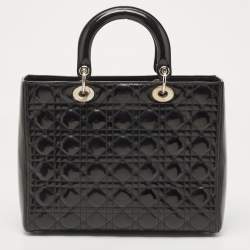 Pre Owned Dior Black Cannage Patent Leather Large Lady Dior Tote