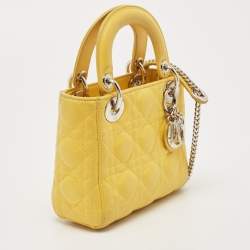 Pre Owned Dior Yellow Cannage Leather Mini Chain Lady Dior Tote