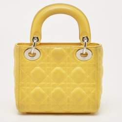 Pre Owned Dior Yellow Cannage Leather Mini Chain Lady Dior Tote