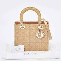 Pre Owned Dior Beige Cannage Patent Leather Medium Lady Dior Tote