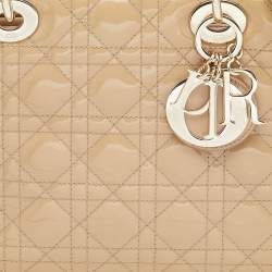 Pre Owned Dior Beige Cannage Patent Leather Medium Lady Dior Tote