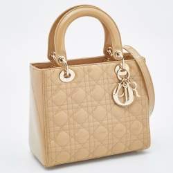 Pre Owned Dior Beige Cannage Patent Leather Medium Lady Dior Tote