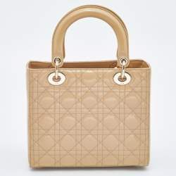 Pre Owned Dior Beige Cannage Patent Leather Medium Lady Dior Tote