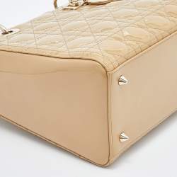 Pre Owned Dior Beige Cannage Patent Leather Medium Lady Dior Tote
