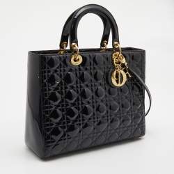 Pre Owned Dior Black Cannage Patent Leather Large Lady Dior Tote