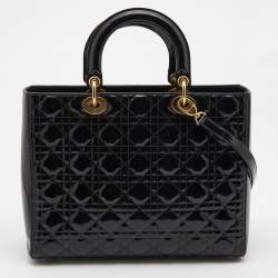 Pre Owned Dior Black Cannage Patent Leather Large Lady Dior Tote