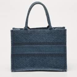 Pre Owned Dior Navy Blue Oblique Denim Medium Book Tote