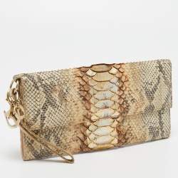 Pre Owned Dior Metallic Beige Python Wristlet Clutch