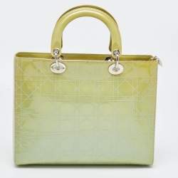 Pre Owned Dior Lime Green Cannage Patent Leather Large Lady Dior Tote