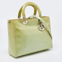 Pre Owned Dior Lime Green Cannage Patent Leather Large Lady Dior Tote