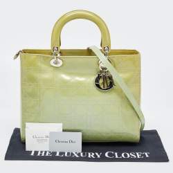 Pre Owned Dior Lime Green Cannage Patent Leather Large Lady Dior Tote