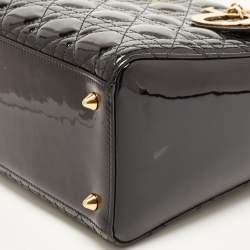 Dior Black Cannage Patent Leather Medium Lady Dior Tote