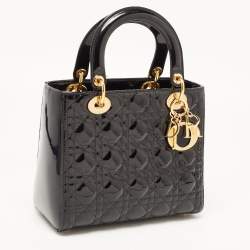 Dior Black Cannage Patent Leather Medium Lady Dior Tote