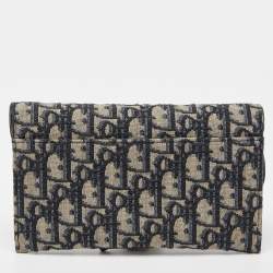 مملوكة مسبقًا Dior Navy Blue Oblique Canvas and Leather Saddle Wallet On Chain
