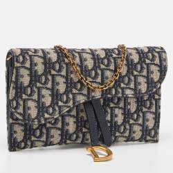 مملوكة مسبقًا Dior Navy Blue Oblique Canvas and Leather Saddle Wallet On Chain