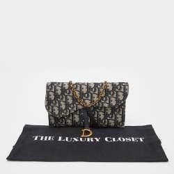 مملوكة مسبقًا Dior Navy Blue Oblique Canvas and Leather Saddle Wallet On Chain