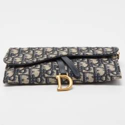 مملوكة مسبقًا Dior Navy Blue Oblique Canvas and Leather Saddle Wallet On Chain