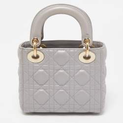 Pre Owned Dior Grey Shimmering Leather Mini Lady Dior Tote