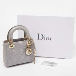 Pre Owned Dior Grey Shimmering Leather Mini Lady Dior Tote