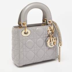 Pre Owned Dior Grey Shimmering Leather Mini Lady Dior Tote