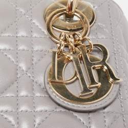 Pre Owned Dior Grey Shimmering Leather Mini Lady Dior Tote