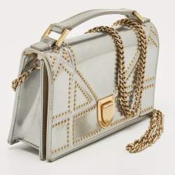 Pre Owned Dior Silver Studded Patent Leather Small Diorama Top Handle Bag