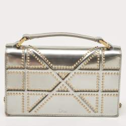 Pre Owned Dior Silver Studded Patent Leather Small Diorama Top Handle Bag