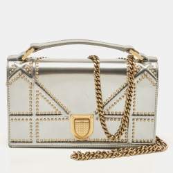 Pre Owned Dior Silver Studded Patent Leather Small Diorama Top Handle Bag